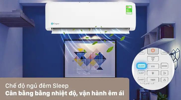 Chế độ Sleep trên máy lạnh Casper có khả năng cân bằng nhiệt độ và vận hành êm ái, cho người dùng có giấc ngủ sâu hơn