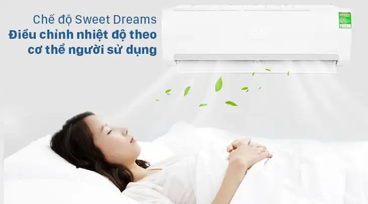Chế độ Sweet Dreams trên máy lạnh Midea có khả năng tùy chỉnh nhiệt độ phòng phù hợp với nhiệt độ cơ thể, mang lại sự thoải mái cho người dùng suốt cả đêm
